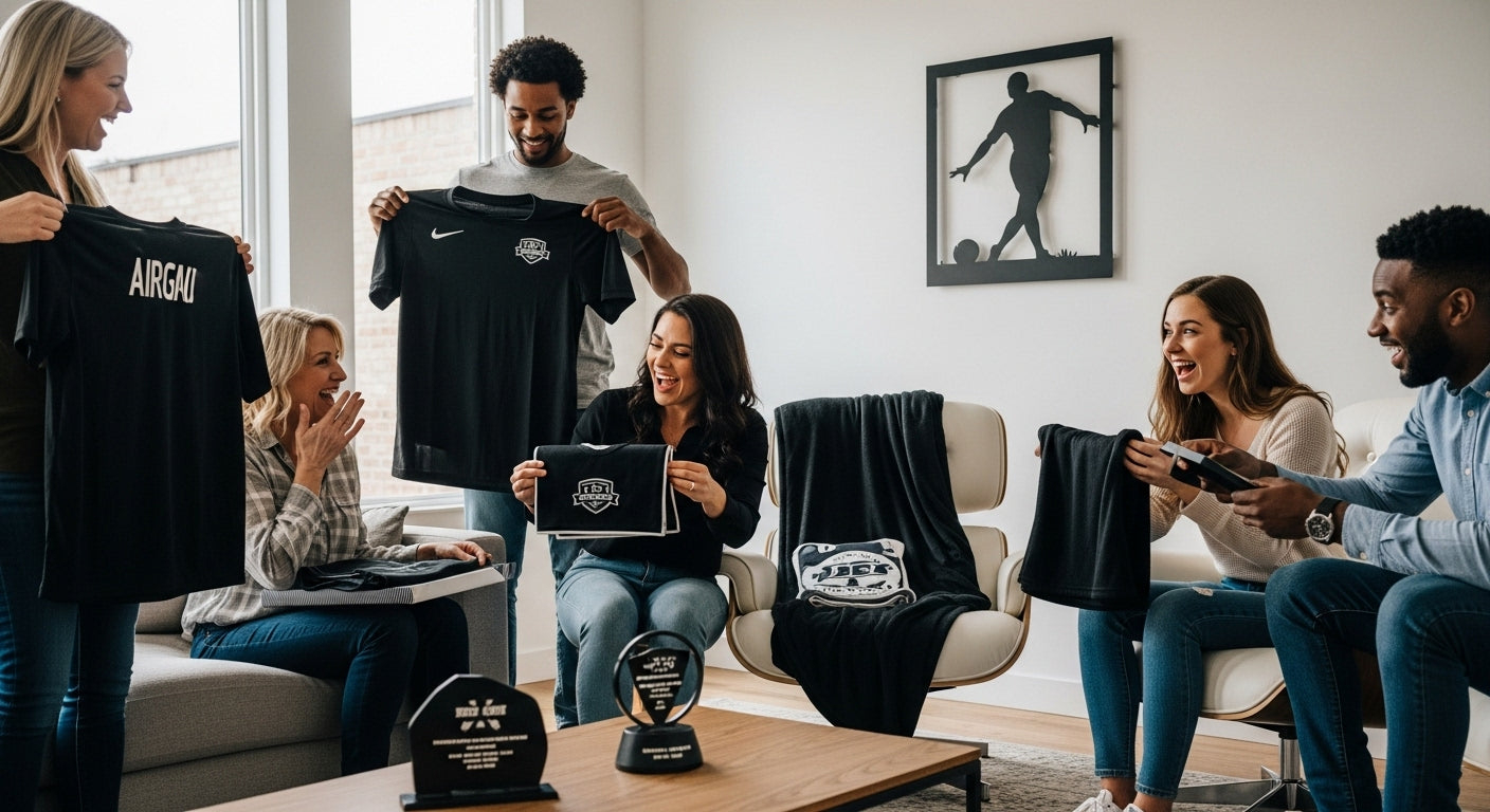 sports gifts, people exchanging gifts, home celebration