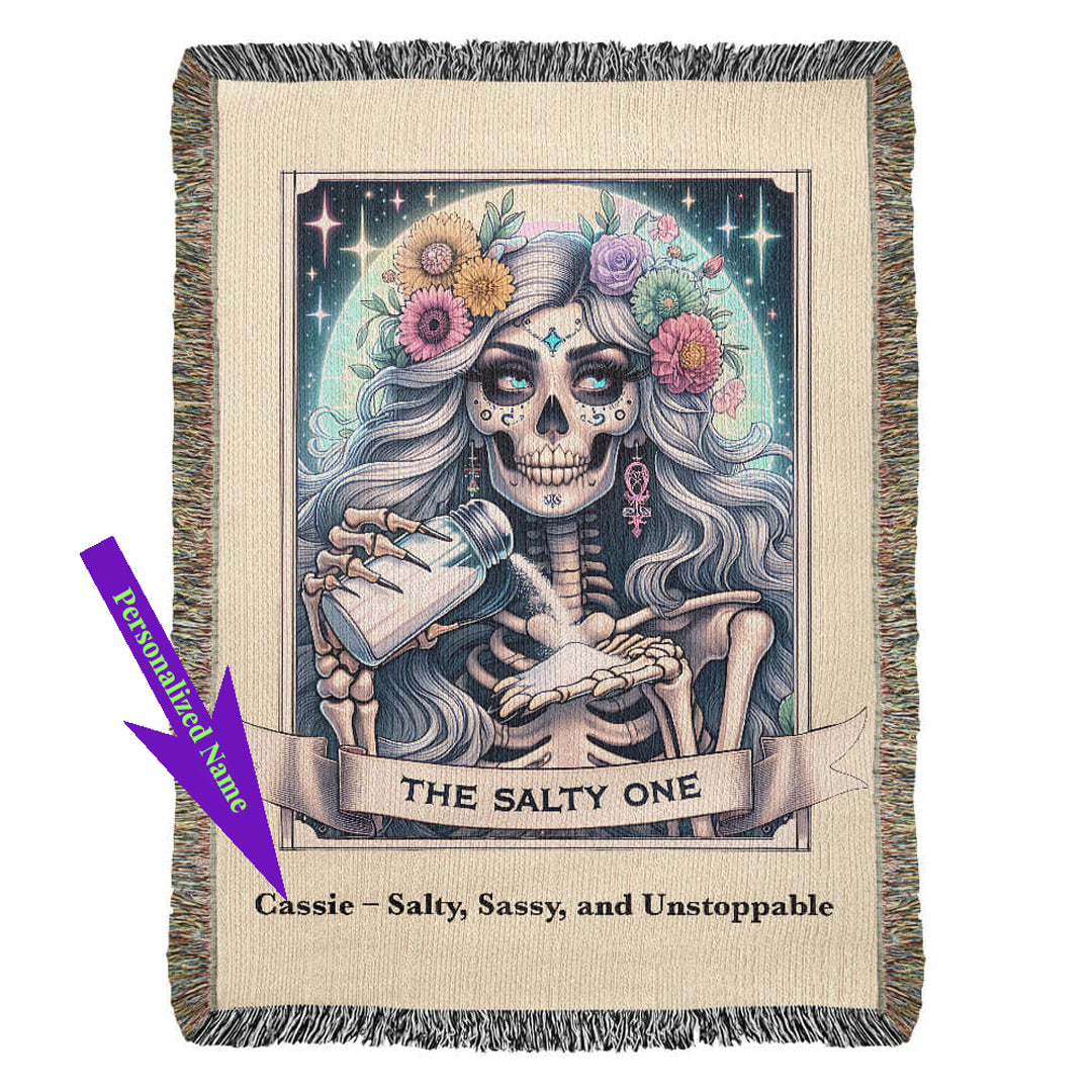 Personalized Blanket with a skeleton design and 'The Salty One' text with your personalized name. Available at FunLifeNow.com