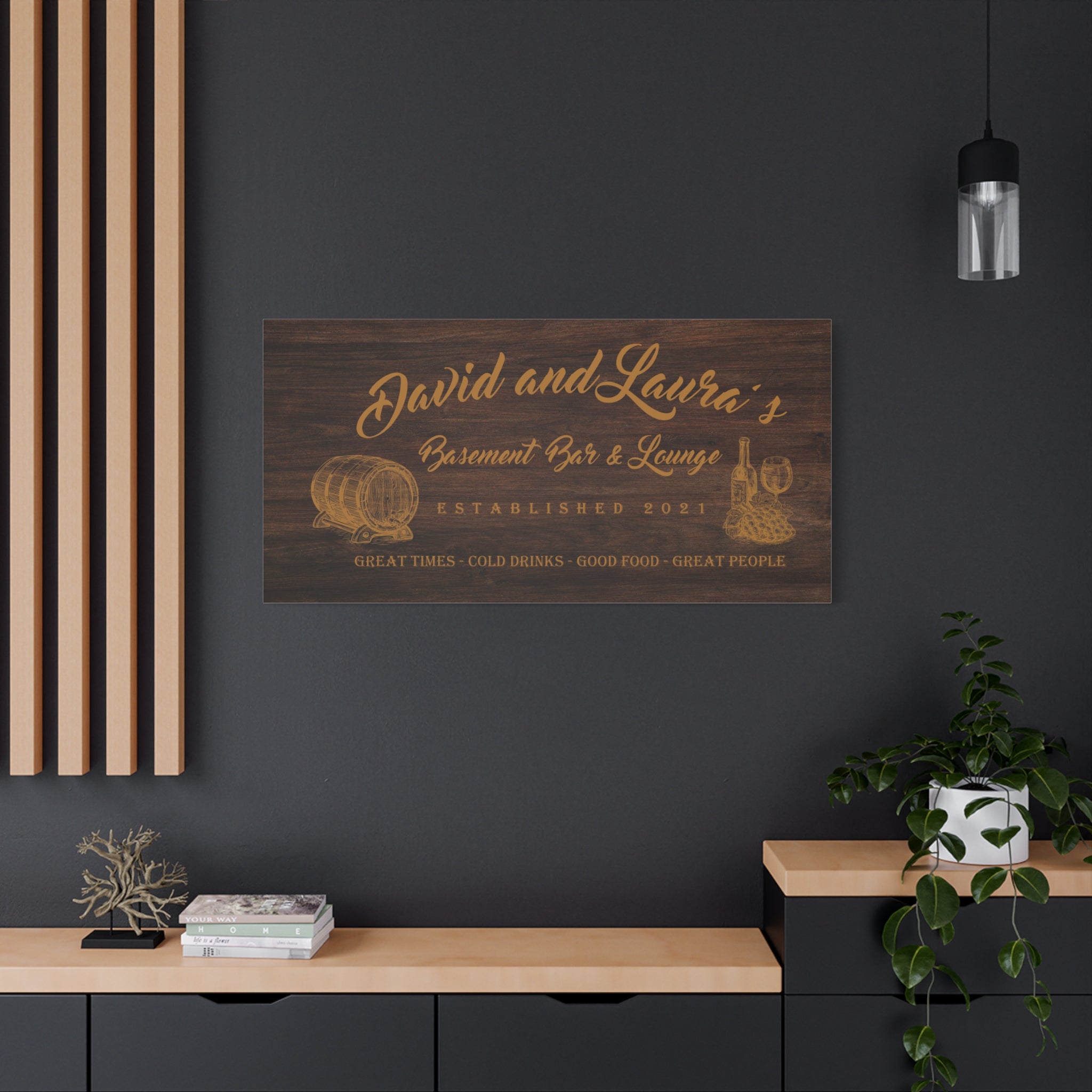 Basement Bar Lounge - Oak Wood -Family Premium Custom Canvas Wall Art