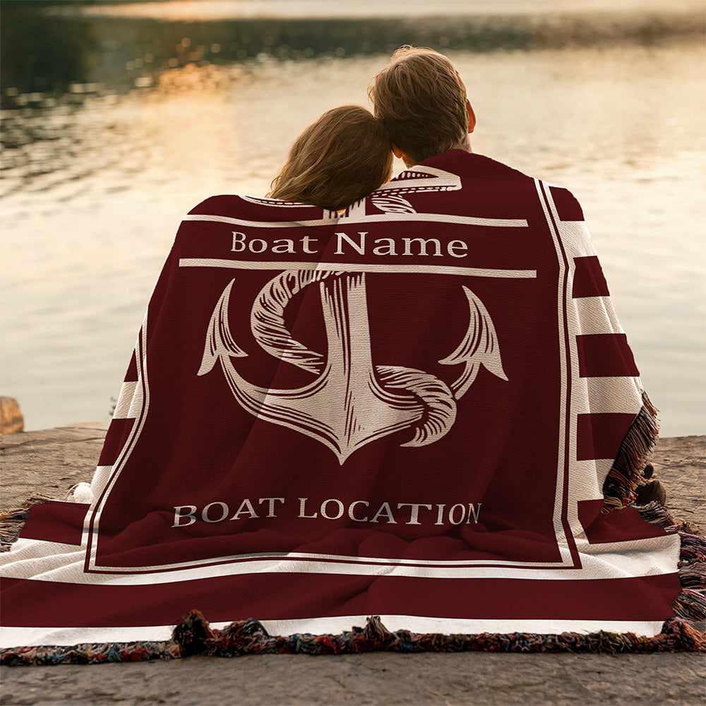 Personalized Anchor Woven Blanket  Custom Boat Name Location Throw
