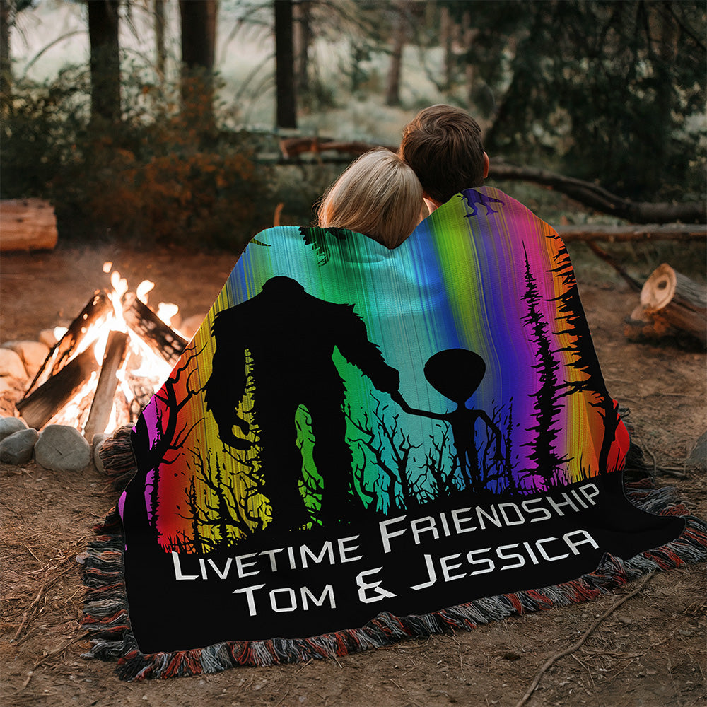 Personalized Bigfoot and Alien Friendship Woven Blanket Custom Gift Throw