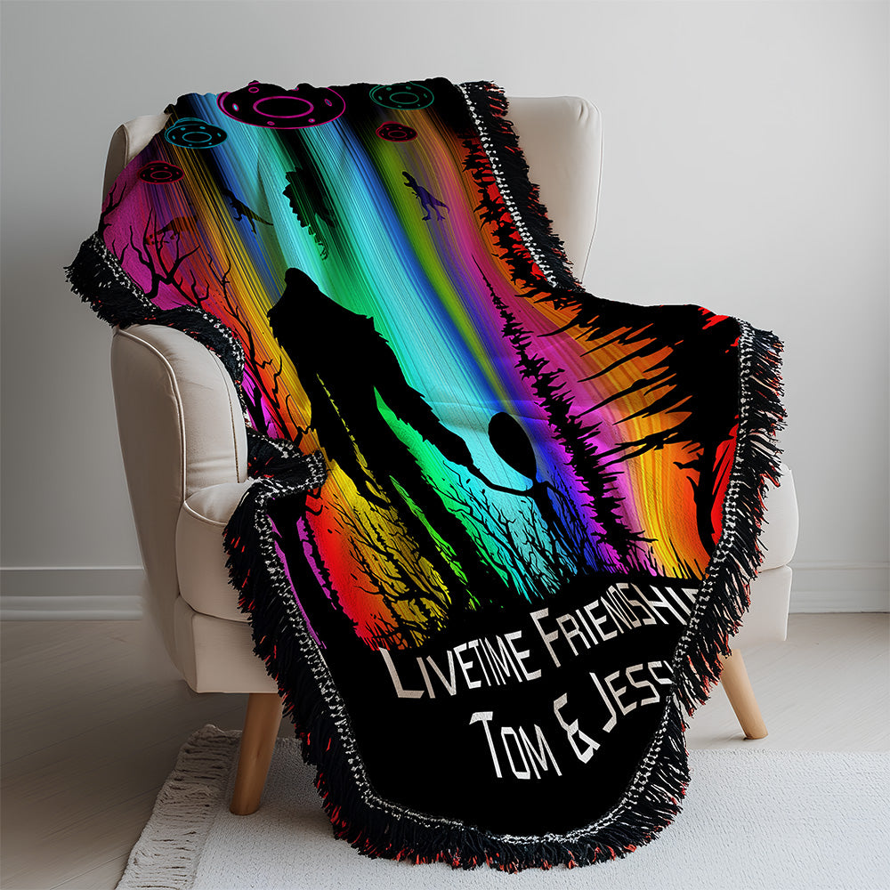 Personalized Bigfoot and Alien Friendship Woven Blanket Custom Gift Throw