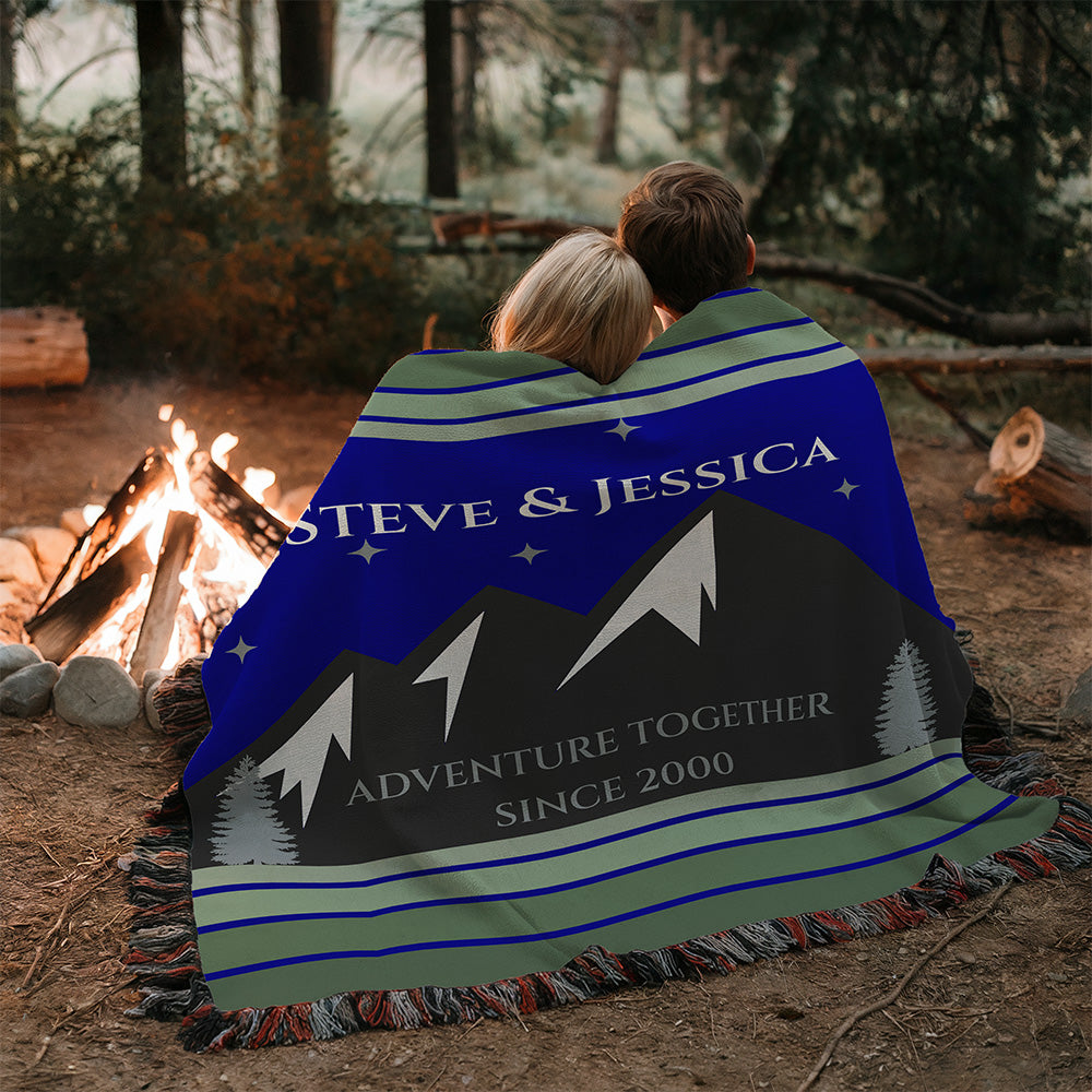 Personalized Mountain Adventure Woven Blanket Custom Couples Camping Gift Throw