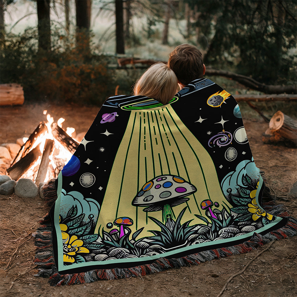 Personalized Alien Couple UFO Woven Blanket Custom Space Gift Throw
