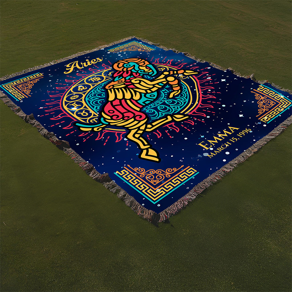 Personalized Aries Zodiac Woven Blanket Astrology Gift Custom Throw