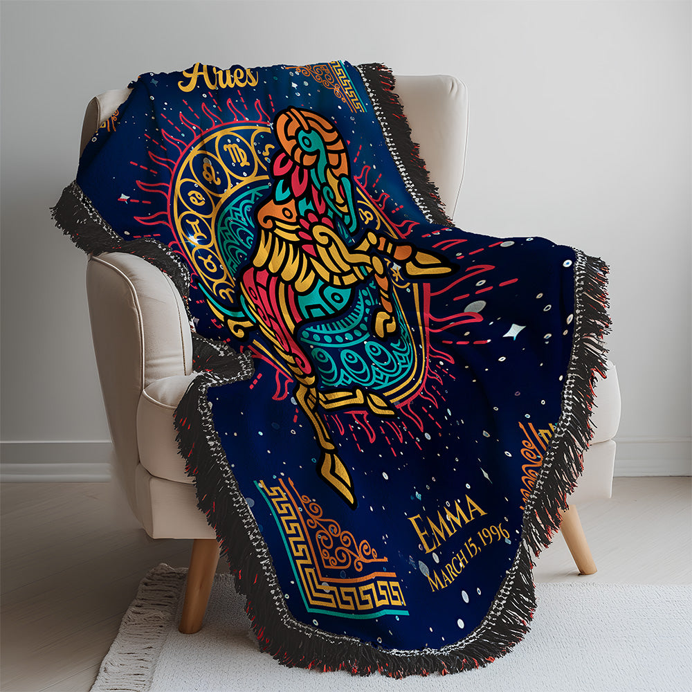 Personalized Aries Zodiac Woven Blanket Astrology Gift Custom Throw
