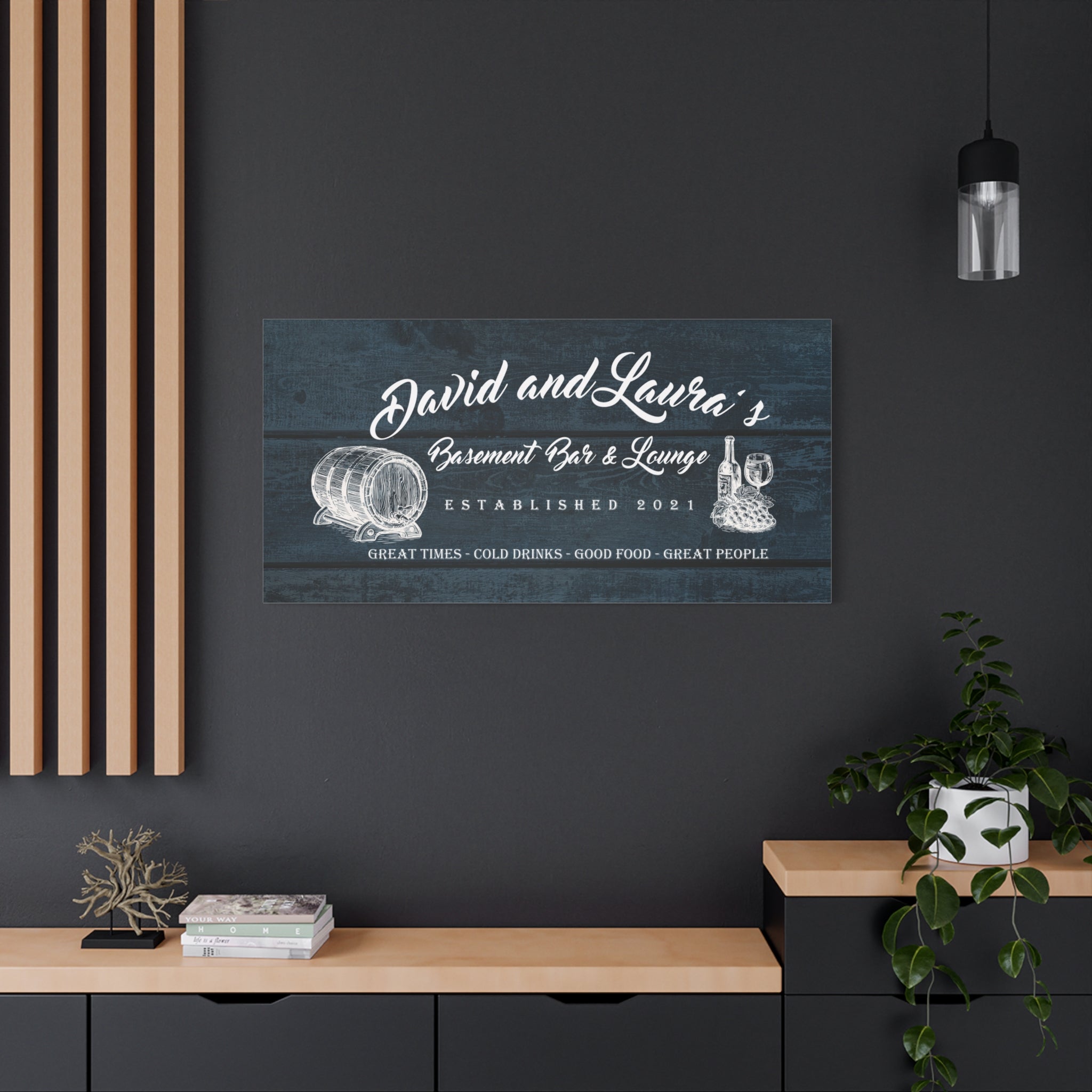 Basement Bar Lounge - Blue Wood -Family Premium Custom Canvas Wall Art
