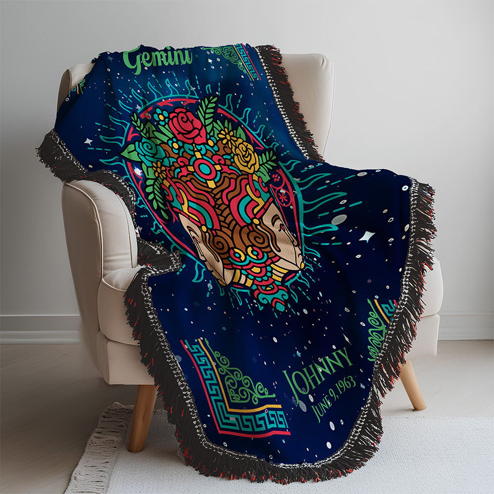 Colorful blanket with astrological design draped over a chair
