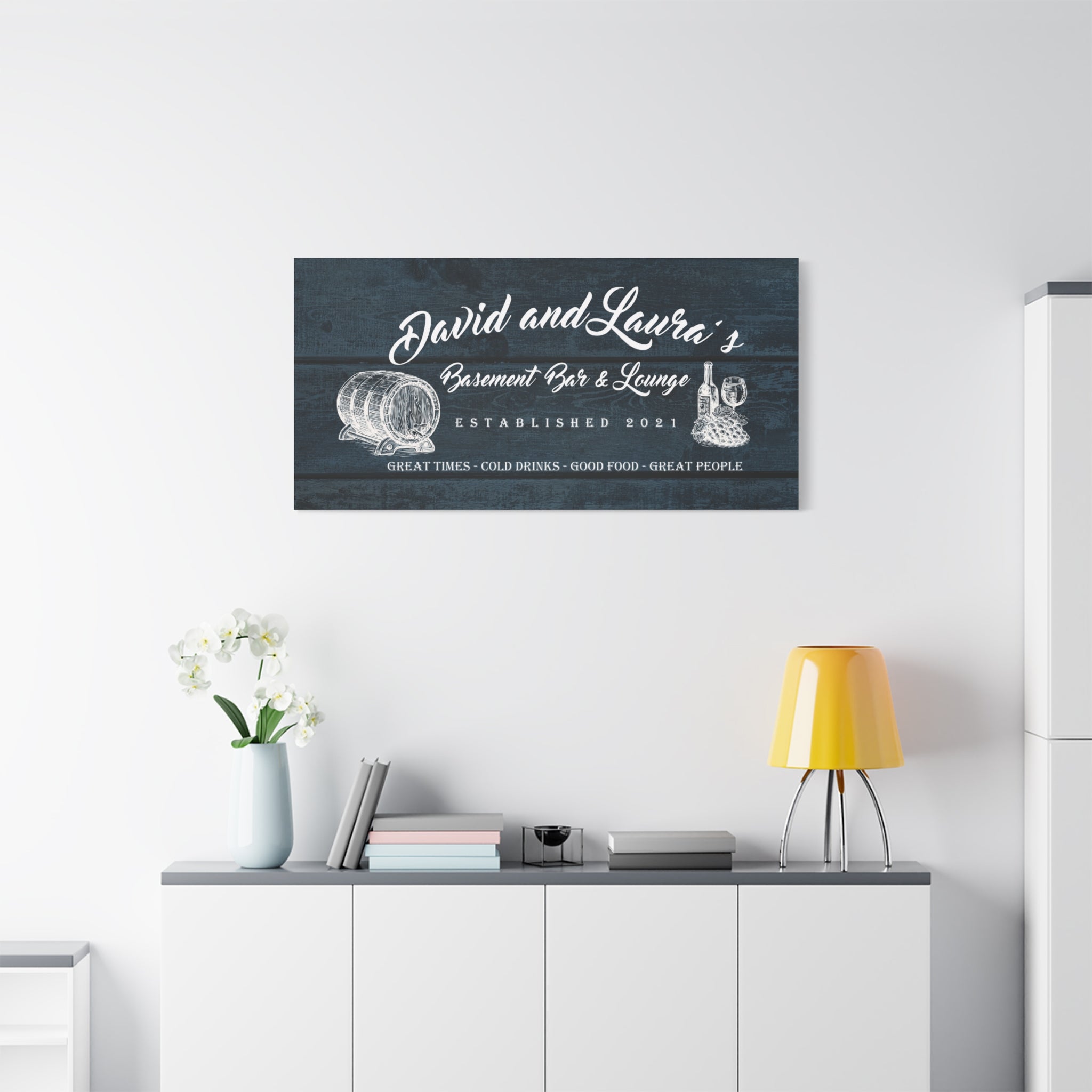 Basement Bar Lounge - Blue Wood -Family Premium Custom Canvas Wall Art