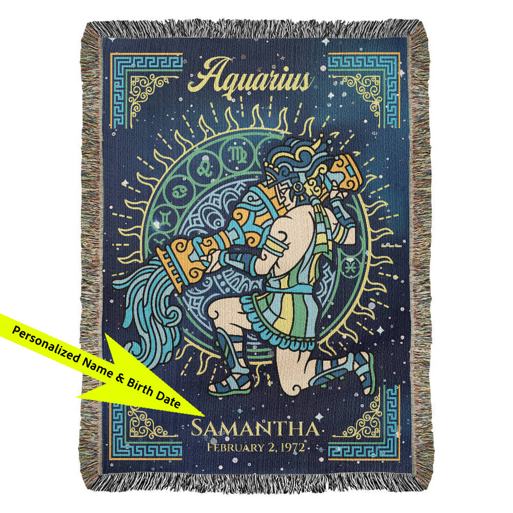 Decorative blanket with Aquarius zodiac design and personalized text on a blue background available at FunLifeNow.com