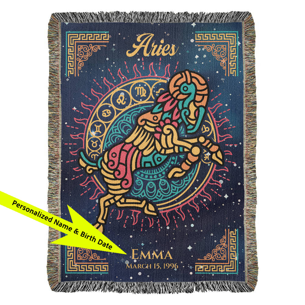 Decorative blanket with Aries zodiac design and personalized text on a blue background available at FunLifeNow.com