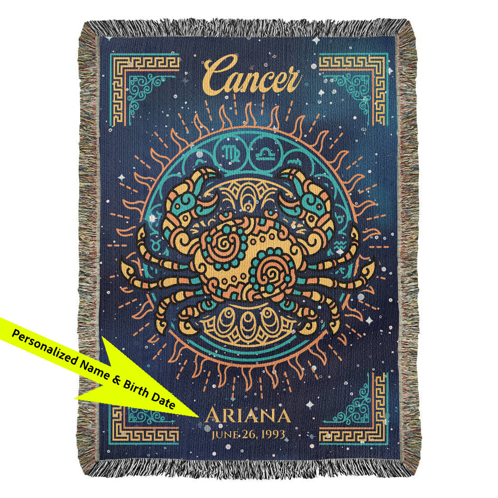 Decorative blanket with Cancer zodiac design and personalized text on a blue background available at FunLifeNow.com