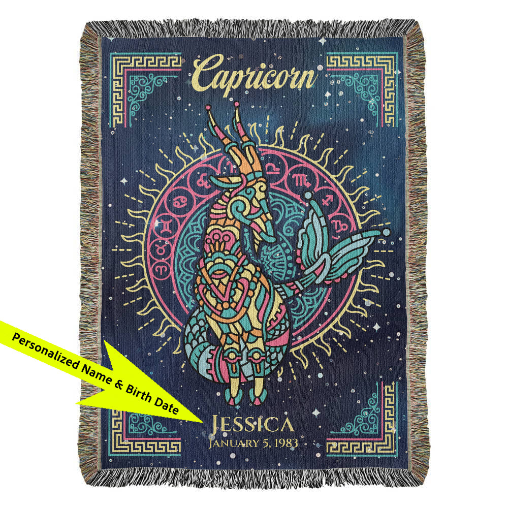Colorful Capricorn zodiac design on a blanket with personalized text available at FunLifeNow.com