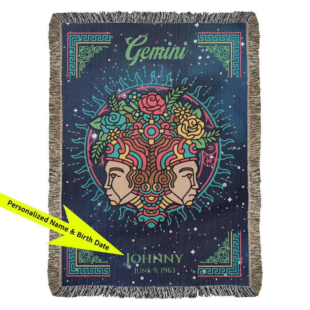 Decorative blanket with Gemini design and personalized text on a blue background available at FunLifeNow.com