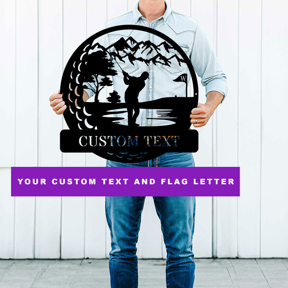 Person holding a personalize golfing decorative metal sign with a custom text below the male golfer and a customizable letter on the golf pin flag. Available at FunLifeNow.com