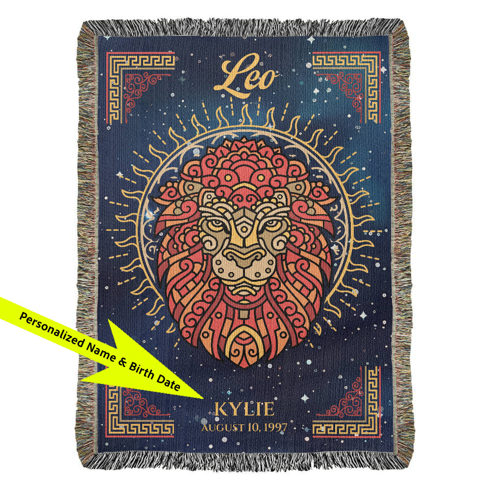 Decorative blanket with Leo zodiac design and personalized text on a blue background available at FunLifeNow.com