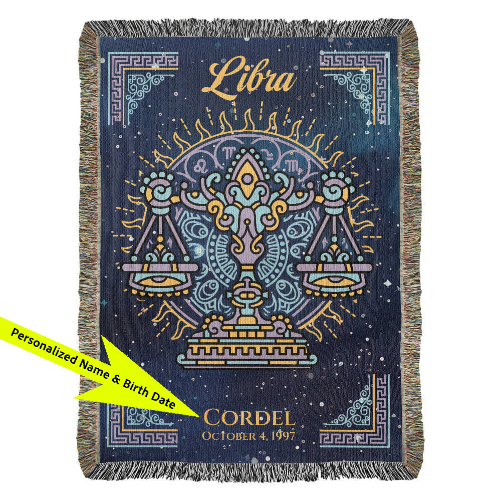 Decorative blanket with Libra zodiac design and personalized text on a blue background available at FunLifeNow.com