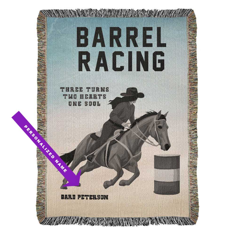 Personalized barrel racing woven blanket with barrel racing design featuring a horse and rider, text saying "Three Turns, Two hearts, One Soul" and customizable name at bottom of blanket.