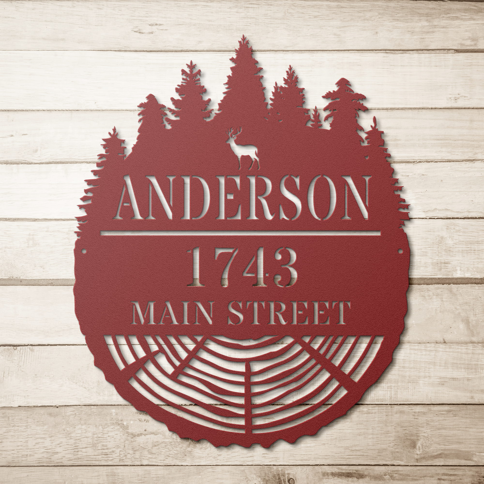 Personalized_Forest_Stump_Metal_Address__Red_Simple_Wood_BKGD_Mockup.png