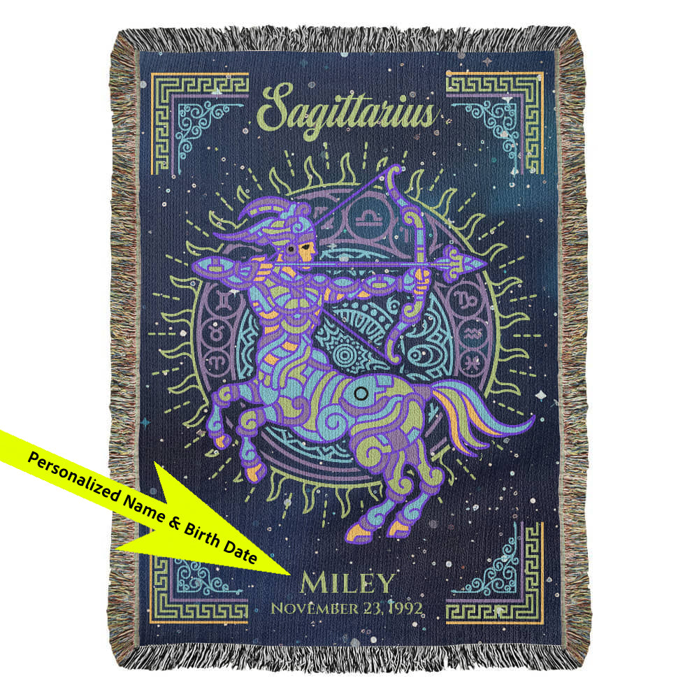 Sagittarius-themed blanket with decorative elements and personalized text on a blue background available at FunLifeNow.com