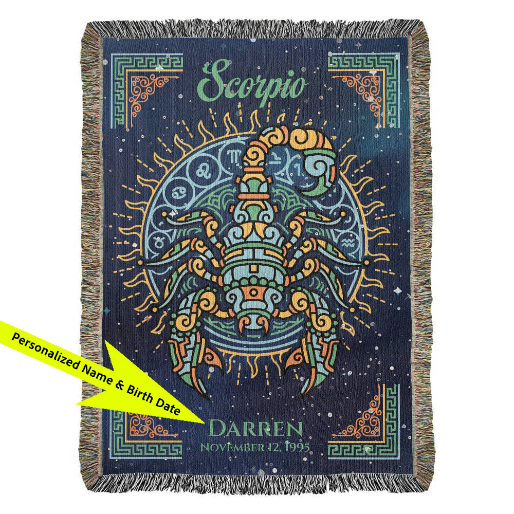 Decorative blanket with Scorpio zodiac design and personalized text on a white background available at FunLifeNow.com