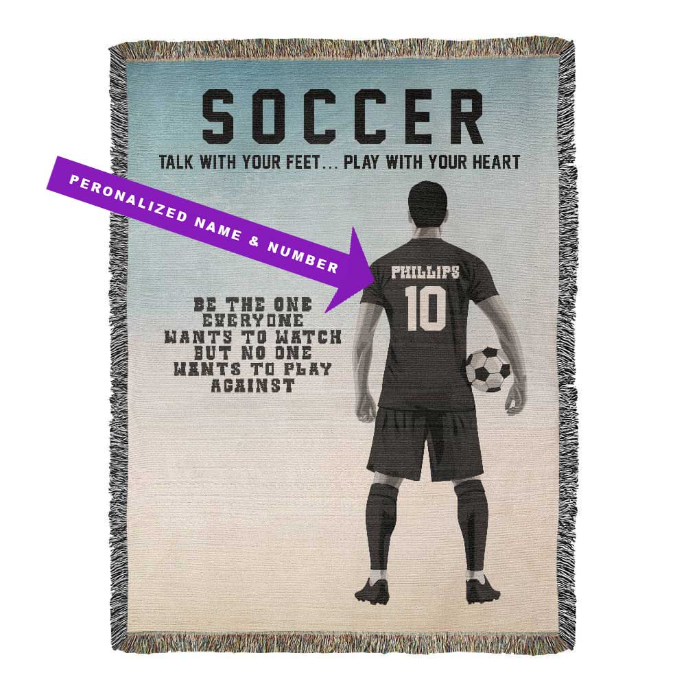 A personalized woven blanket with a soccer theme, featuring a player on the front and the text 'Soccer', 'Talk with your feet.". Name and jersey number customizable.