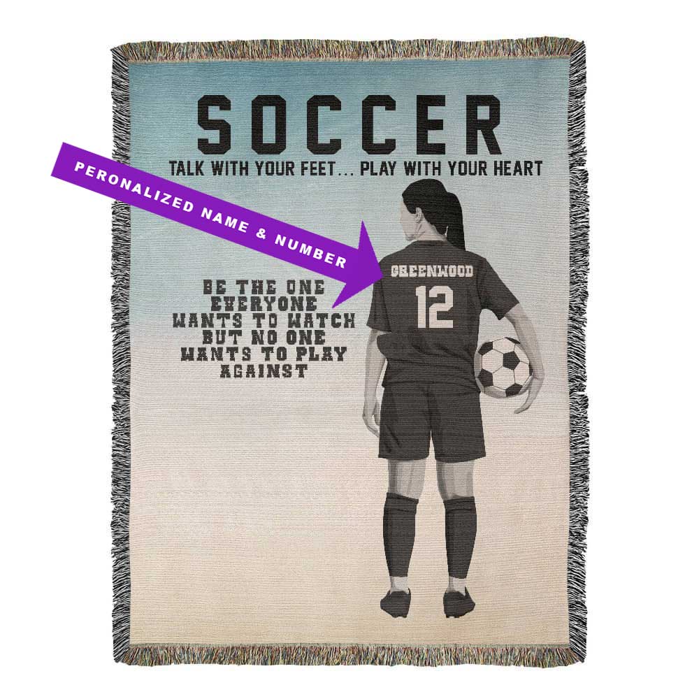 A personalized woven blanket with a soccer theme, featuring a player holding a soccer ball and the text 'SOCCER', along with motivational quotes. Jersey name and number are customizable.
