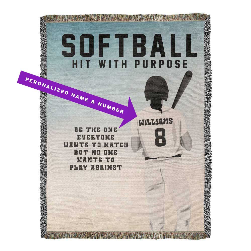 Personalized woven blanket with girls softball design featuring a player and text, with customizable name and number.