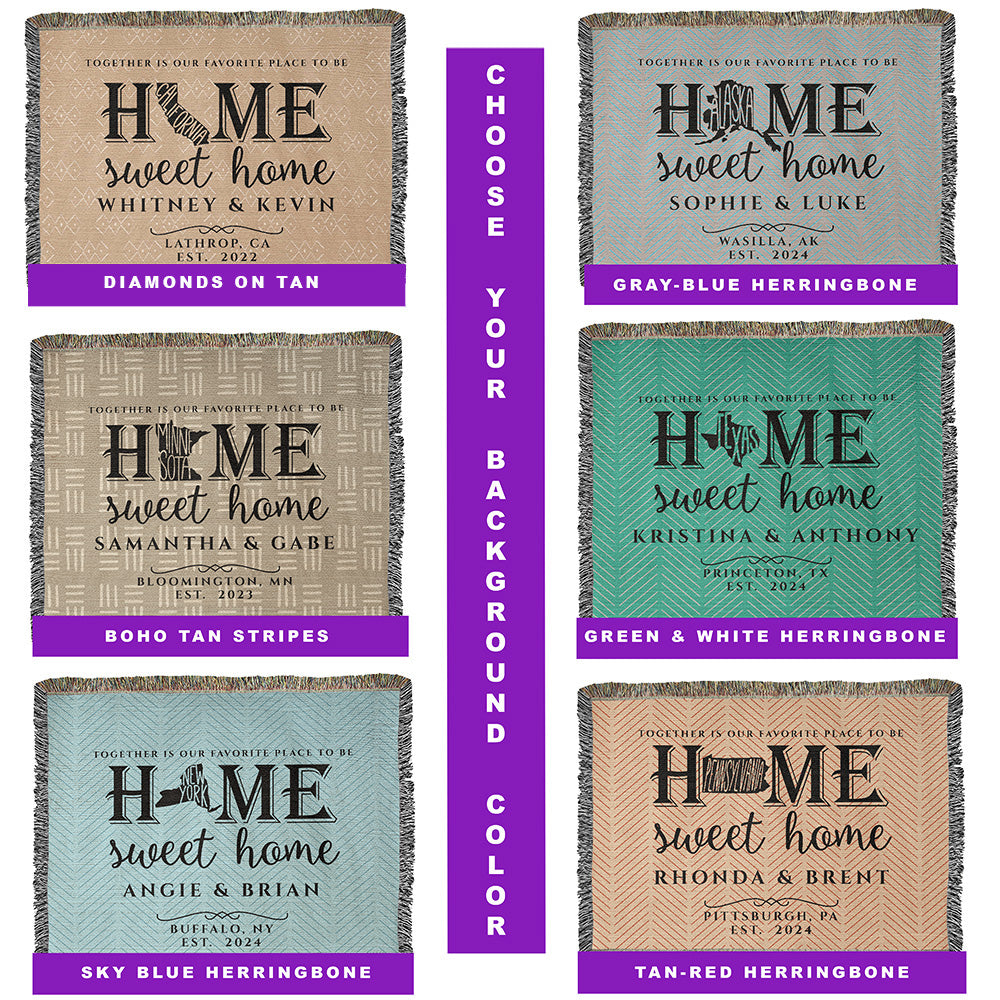 Collection of personalized throw blankets with 'Home sweet home' text and customizable names and dates. Available at FunLIfeNow.com