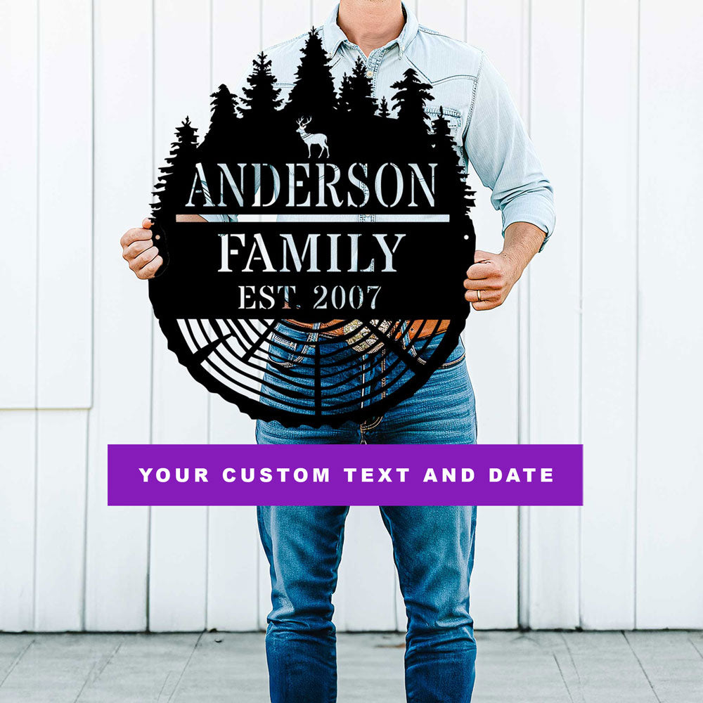 Person holding a personalized metal family sign with 'Anderson Family Est. 2007' text within a cutout tree stump with a forest on top of the art available at FunLifeNow.com