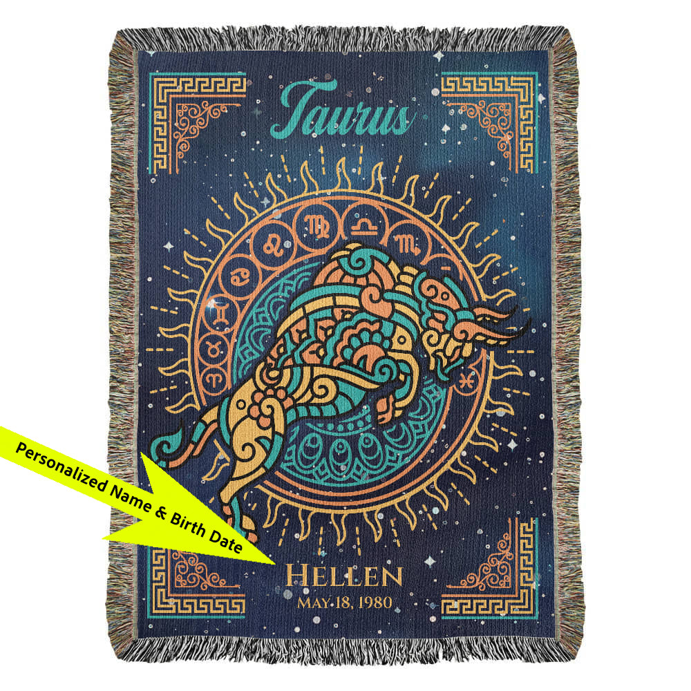 Decorative blanket with Taurus zodiac design and personalized text on a blue background available at FunLifeNow.com