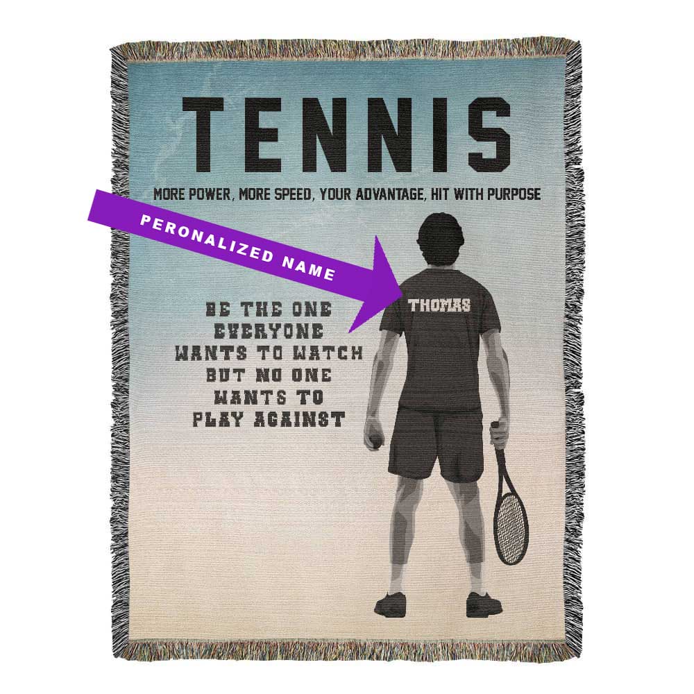 A personalized woven blanket with a tennis theme, featuring a silhouette of a tennis player and the text 'Tennis more power, more speed, your advantage. Hit with purpose' along with the name 'Thomas' on the player's shirt. The name can be customized.