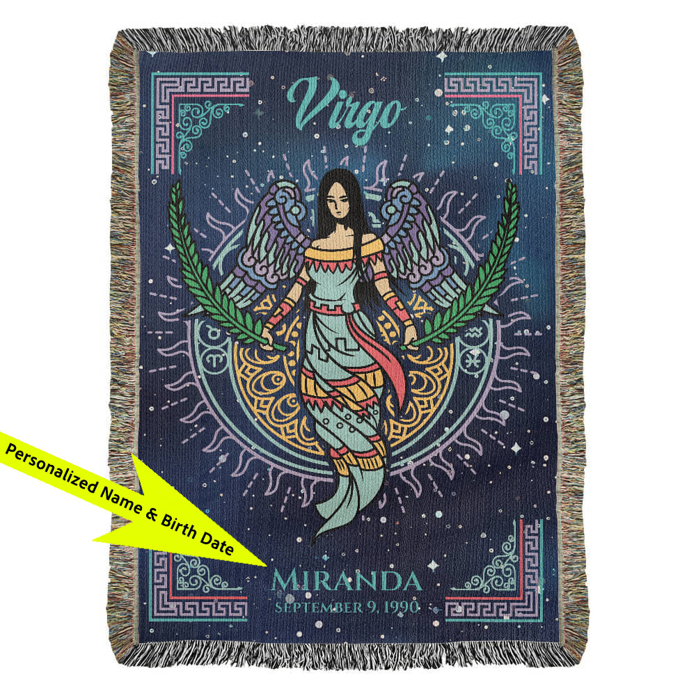 Blanket with Virgo design featuring a woman with wings and personalized text on a blue background available at FunLifeNow.com