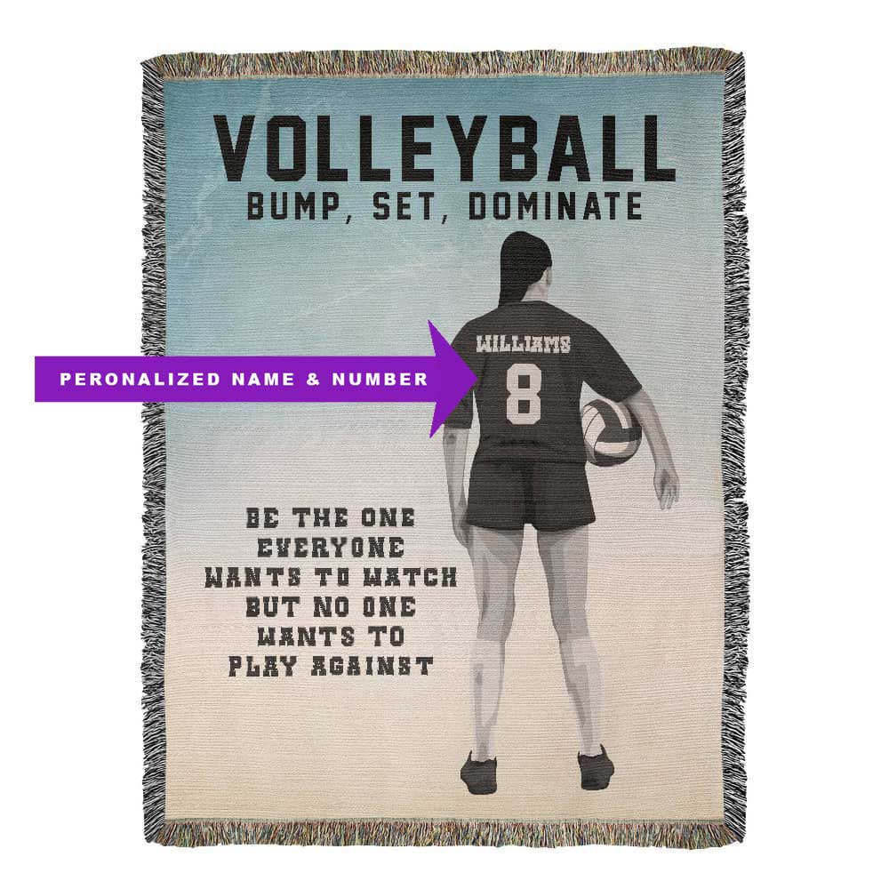 A woven blanket with a graphic of a volleyball player from the back view, number 8, with the text 'VOLLEYBALL BUMP, SET, DOMINATE' and the quote 'Be the one everyone wants to watch but no one wants to play against. The Name and number on back of Jersey can be personalized