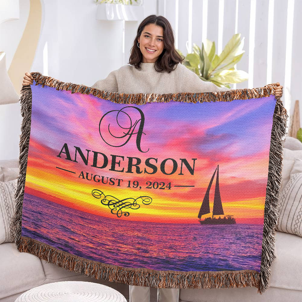 Personalized Sailing Sunset Monogram Woven Blanket Custom Last Name and Date Throw