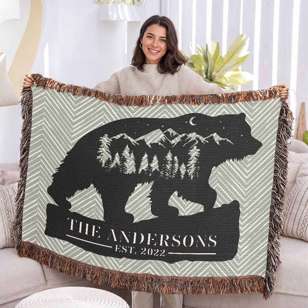 Personalized Grizzly Bear Blanket – Custom Monogram Family Name Throw Gift