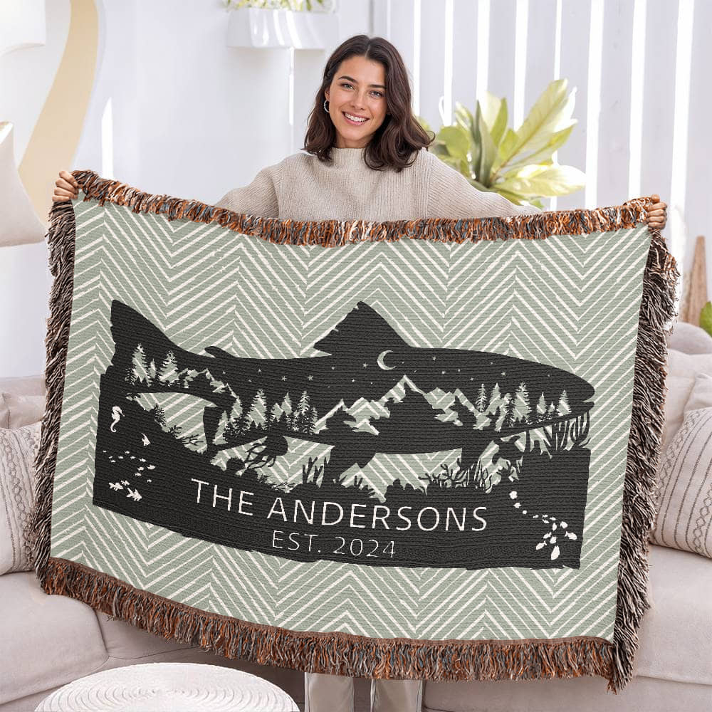 Personalized Salmon Trout Woven Blanket – Custom Monogram Family Name Throw Gift