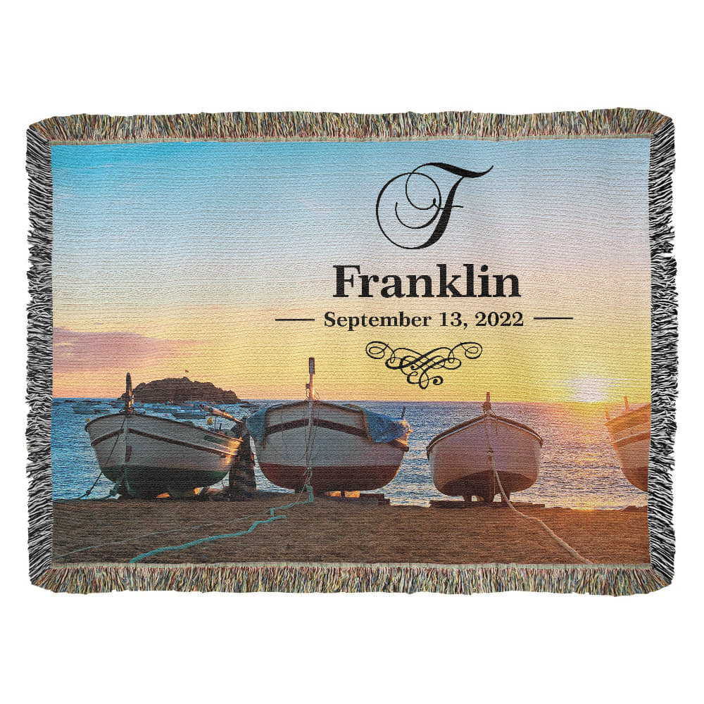Personalized Boats Sunset Monogram Woven Blanket Custom Last Name and Date Throw