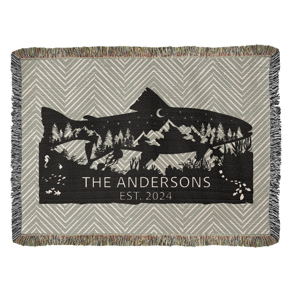 Personalized Woven Blanket with nature fish design and monogramed name with Est. year. Available at FunLifeNow.com