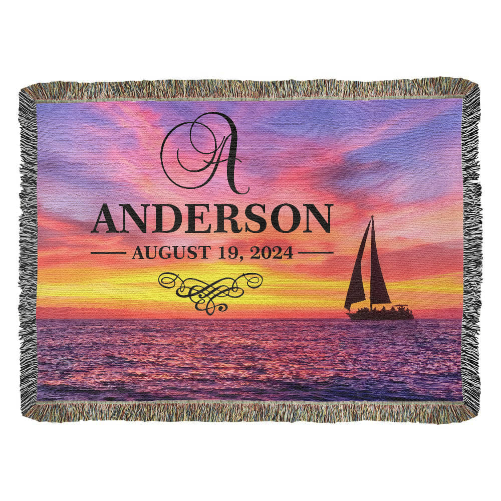 Personalized Sailing Sunset Monogram Woven Blanket Custom Last Name and Date Throw