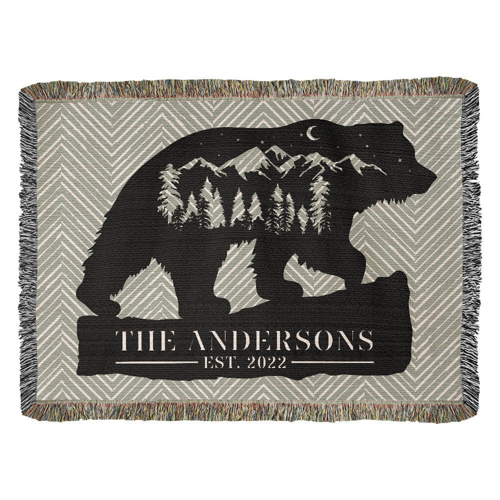 Personalized Grizzly Bear Blanket – Custom Monogram Family Name Throw Gift
