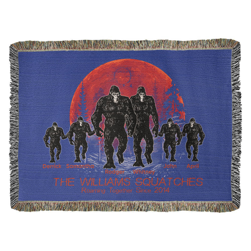 Personalized Family Bigfoot Woven Blanket – Custom Sasquatch Family Gift Throw