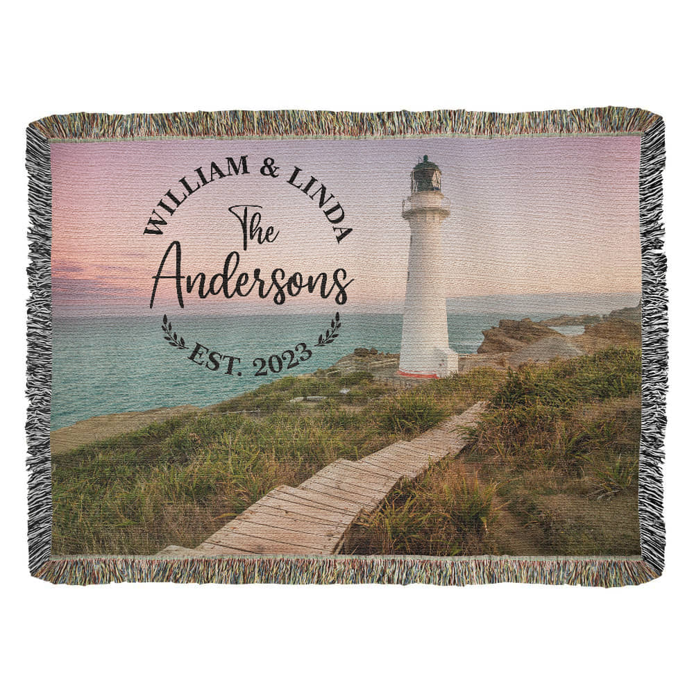 Personalized Lighthouse Monogram Woven Blanket Custom Family Name and Date Throw