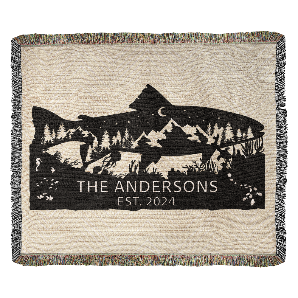 Personalized Salmon Trout Woven Blanket – Custom Monogram Family Name Throw Gift