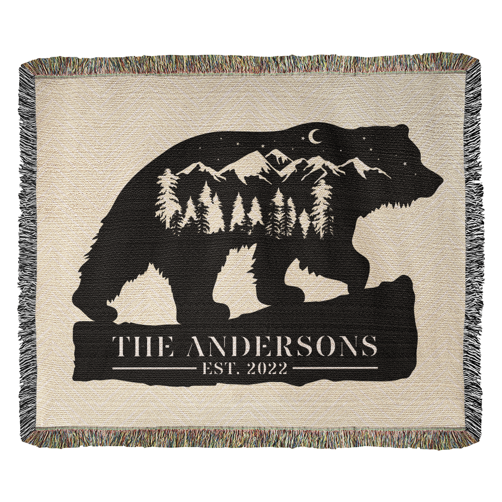 Personalized Grizzly Bear Blanket – Custom Monogram Family Name Throw Gift