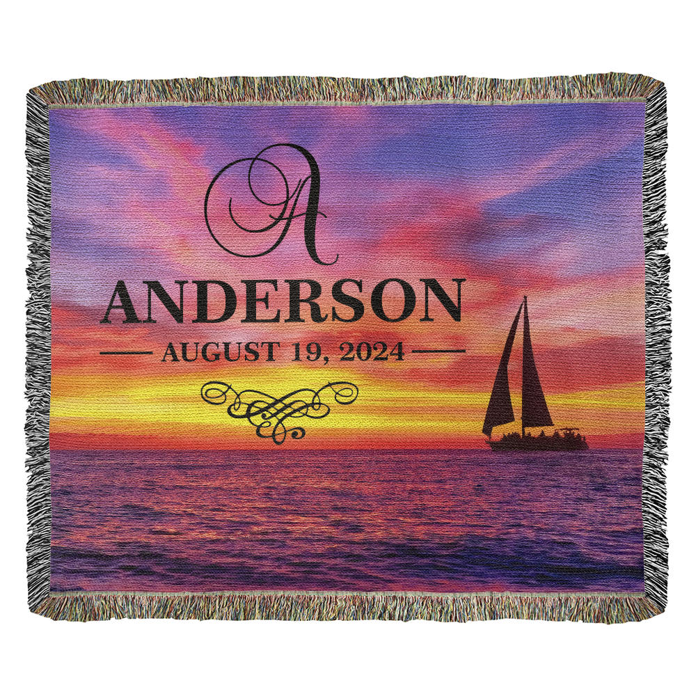 Personalized Sailing Sunset Monogram Woven Blanket Custom Last Name and Date Throw