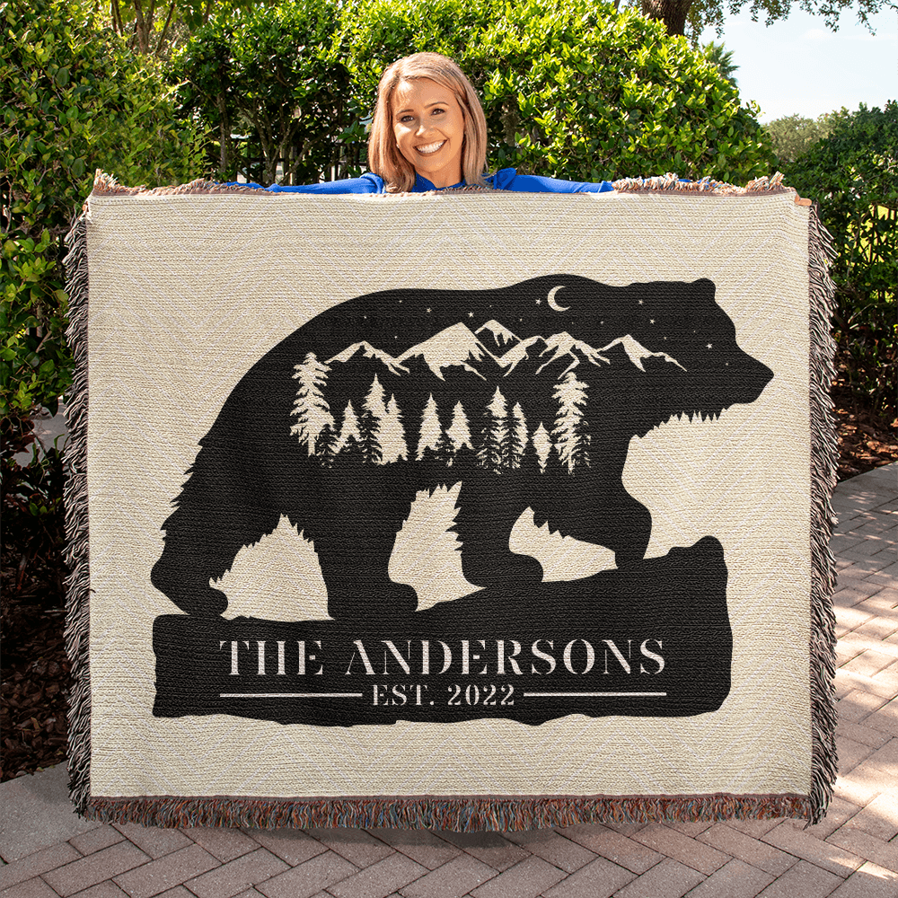 Personalized Grizzly Bear Blanket – Custom Monogram Family Name Throw Gift