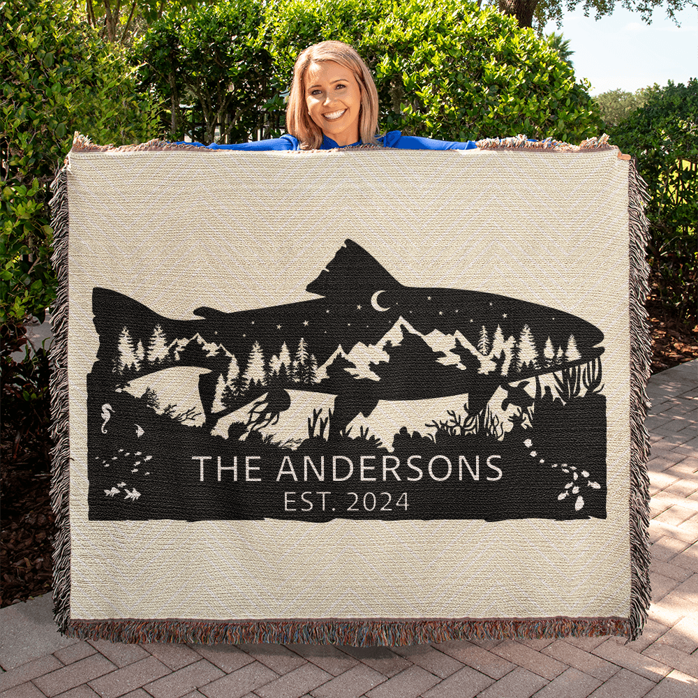 Personalized Salmon Trout Woven Blanket – Custom Monogram Family Name Throw Gift