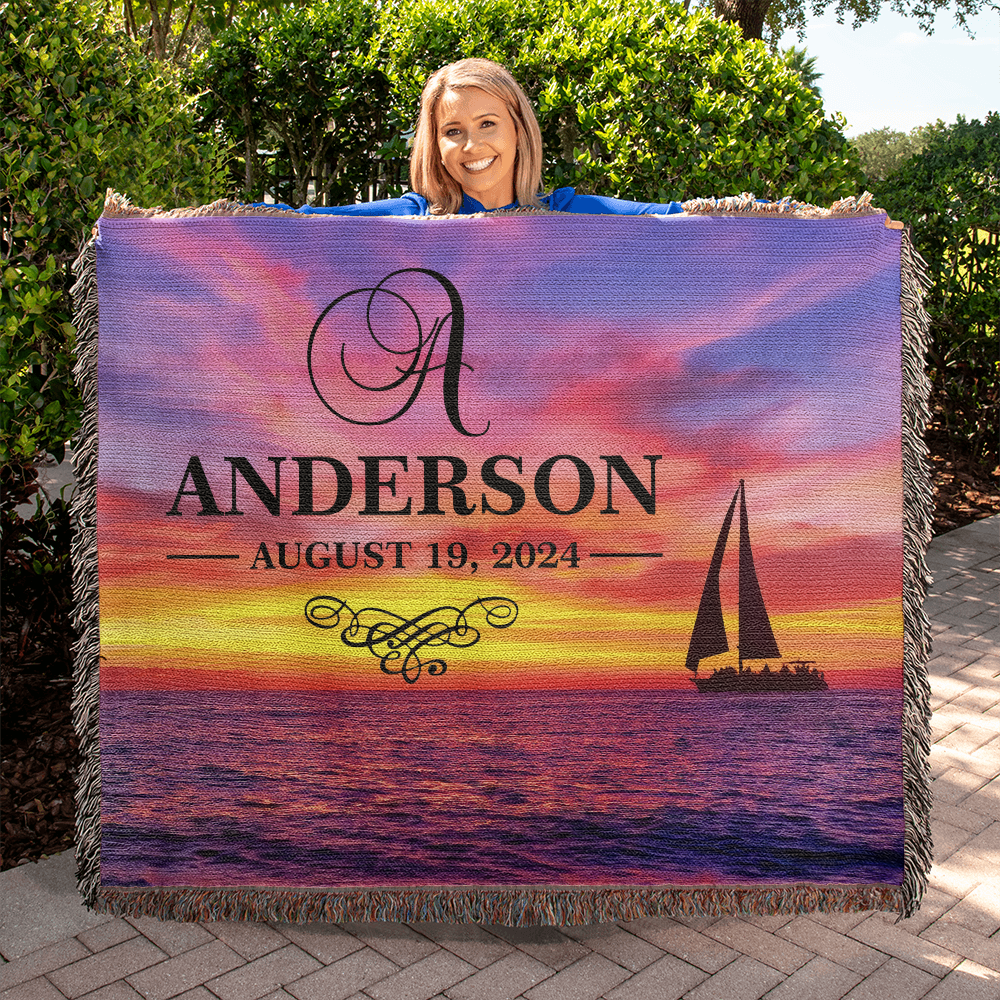 Personalized Sailing Sunset Monogram Woven Blanket Custom Last Name and Date Throw