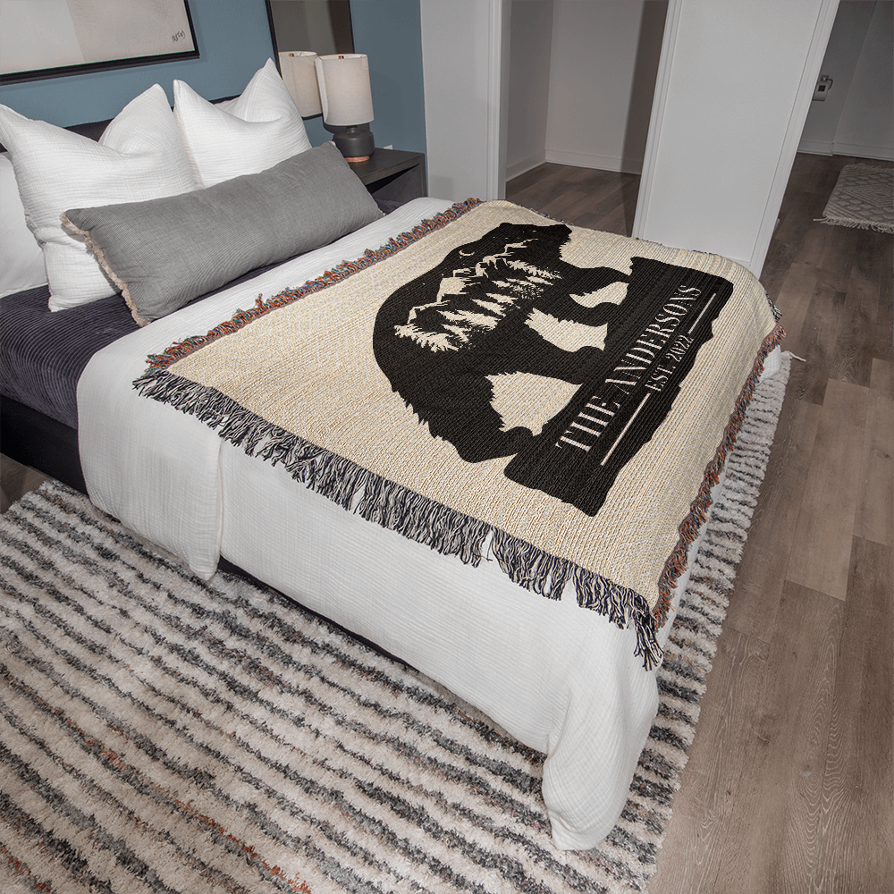 Personalized Grizzly Bear Blanket – Custom Monogram Family Name Throw Gift